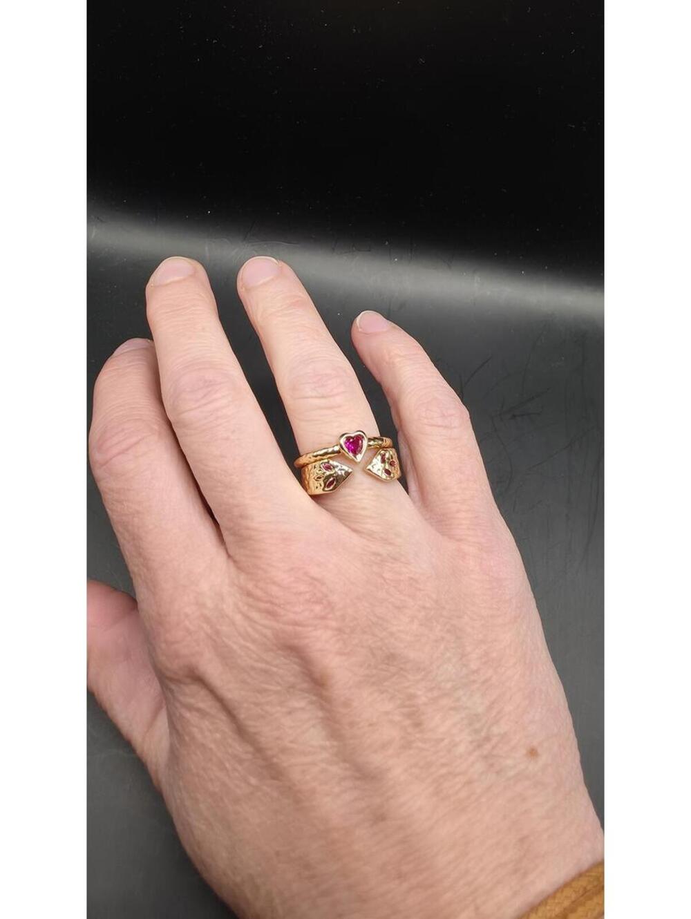 Gold Tone Adjustable Ring with Red Heart Gem and Leopard Print Accent